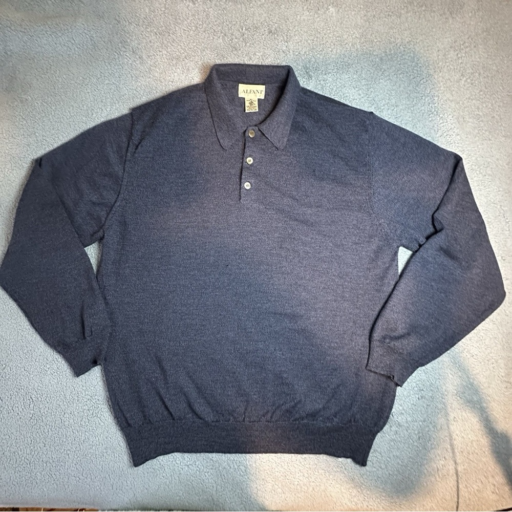 Vintage Alfani 100% Wool Knit polo shirt long sleeve navy blue size XL Italy